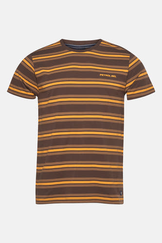 T-shirt marron à manches courtes de Petrol Industries, avec un motif rayé en marron et jaune.