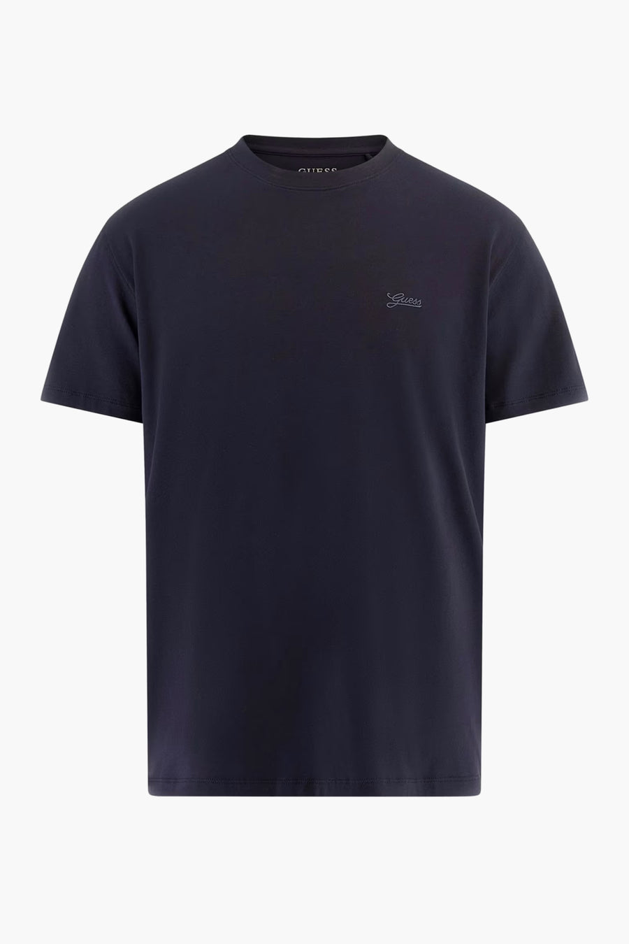 T-shirt bleu à manches courtes de Guess, avec un petit logo sur la poitrine.