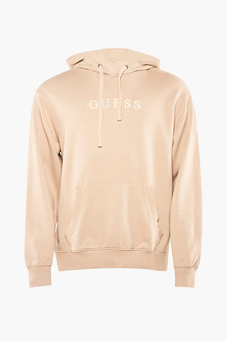 Gilet écru avec capuche de Guess, dos visible, avec une texture lisse et des manches longues.