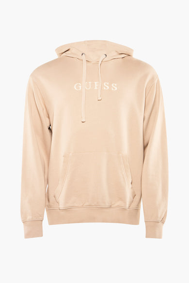 Gilet écru avec capuche de Guess, dos visible, avec une texture lisse et des manches longues.