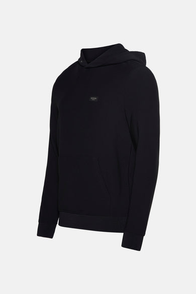 Pull-over noir avec capuche de Guess, d'une couleur unie et avec une poche.