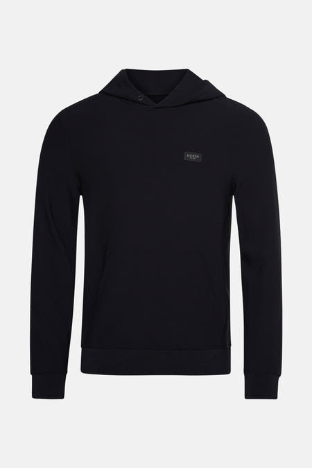 Gilet noir avec capuche de Guess, doté d'un petit logo et d'une poche kangourou.