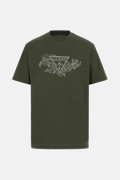 T-shirt vert avec manches courtes de Guess avec un motif logo logo sur la poitrine.