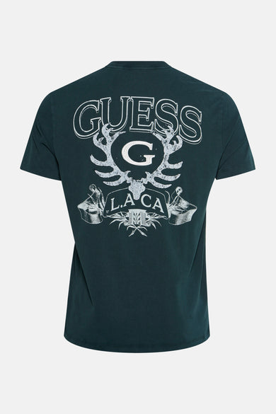 T-shirt vert avec manches courtes de Guess, doté d'une impression graphique vintage sur le dos.