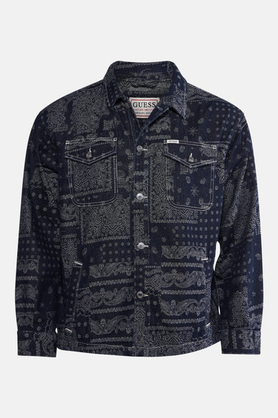Blouson de jeans bleu marine de Guess avec un imprimé paisley et des poches poitrine.