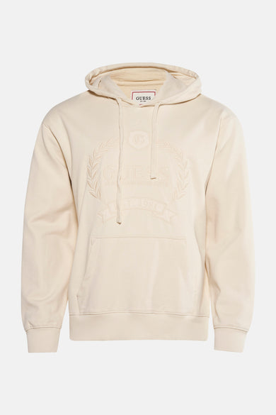 Gilet écru avec capuche de Guess, avec logo brodé et détail de feuilles et poche poitrine.