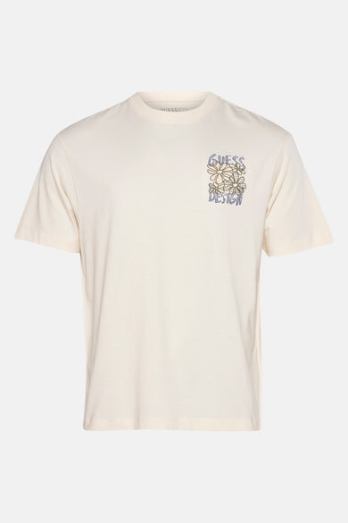 T-shirt écru à manches courtes de Guess avec illustration de fleurs et texte "Guess Design".