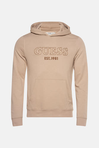 Gilet beige avec capuche de Guess, avec des lettres du logo brodées et une poche kangourou.