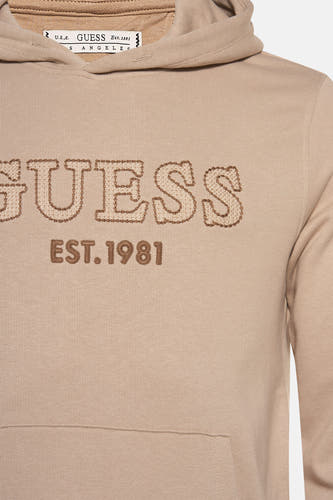 Beige sweater met capuchon van Guess, met geborduurde logoletters en een buidelzak.