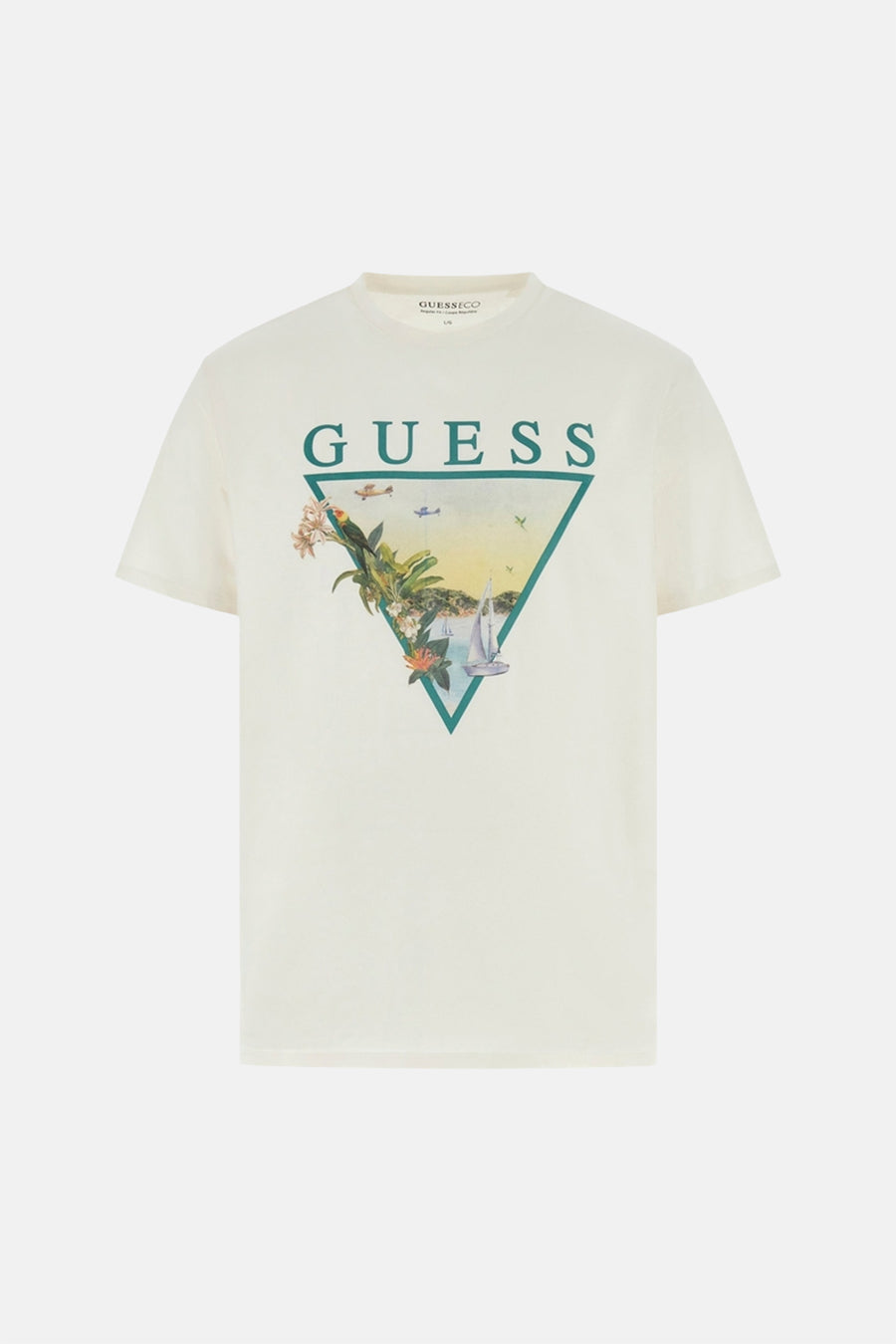 Wit T-shirt van Guess met een grafische driehoekprint van een tropisch tafereel op de voorkant.
