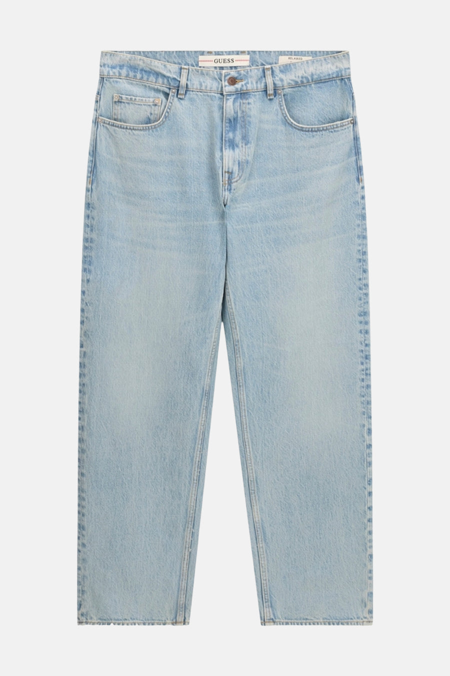Jean droit bleu clair en denim de Guess avec coupe décontractée, fermeture à boutons et poches avant.