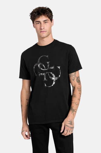 T-shirt noir à manches courtes de Guess avec imprimé graphique argenté sur l'avant.