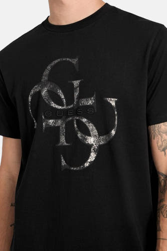 T-shirt noir à manches courtes de Guess, avec un grand logo dans un look vintage.