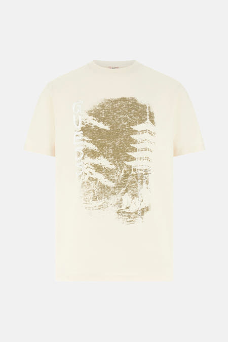 T-shirt écru à manches courtes de Guess®, couleur unie, coupe classique.