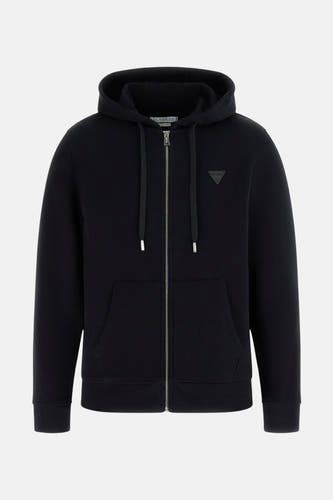 Veste noire de Guess avec capuche, longues manches et fermeture éclair.