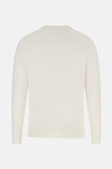 Ecru trui met ronde hals van Guess, achterkant van een effen knitwear stof.
