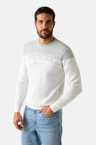 Sweat-shirt gris avec col rond de Guess, texture lisse.