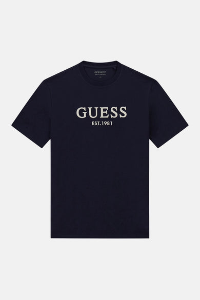 Donkerblauwe korte mouwen T-shirt van Guess met witte logo print en ronde hals, front view