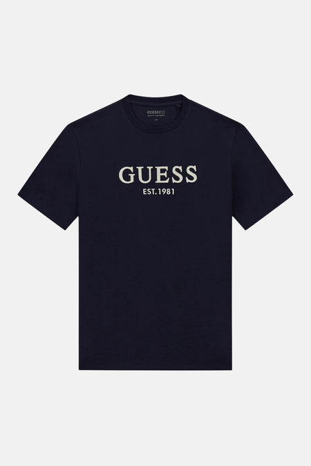 Donkerblauwe korte mouwen T-shirt van Guess met witte logo print en ronde hals, front view