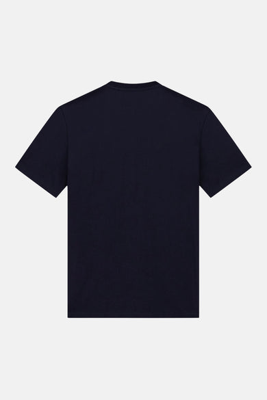 Donkerblauwe korte mouwen T-shirt van Guess®, achterzijde weergegeven, eenvoudig en glad design, ronde halslijn