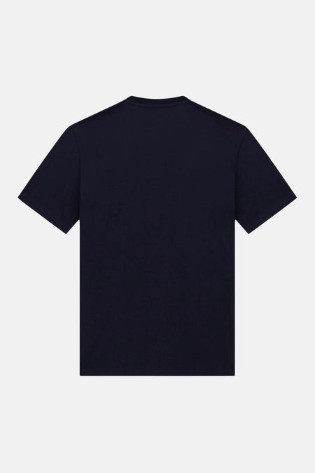 Donkerblauwe korte mouwen T-shirt van Guess®, achterzijde weergegeven, eenvoudig en glad design, ronde halslijn