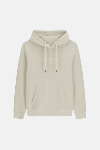 Beige hoodie met capuchon van Guess, voorzien van frontzak en subtiel logo op borst, front view
