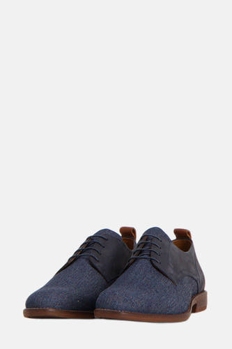 Bottines bleues de Le Fabuleux Marcel de Bruxelles, avec des lacets et une combinaison de cuir et de tissu.