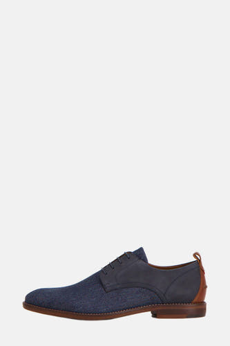 Bottines bleues de Le Fabuleux Marcel de Bruxelles, avec du cuir suédois contrastant et des détails en cuir marron.