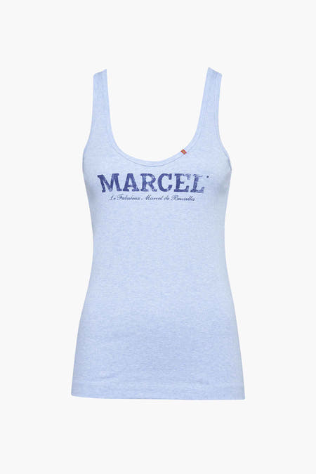 T-shirt bleu Le Le Fabuleux Marcel de Bruxelles avec une texture côtière et un imprimé.