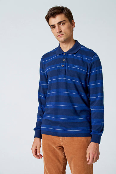 T-shirt à rayures bleues avec longues manches de Le Fabuleux Marcel de Bruxelles, avec des boutons bruns et une inscription logo.