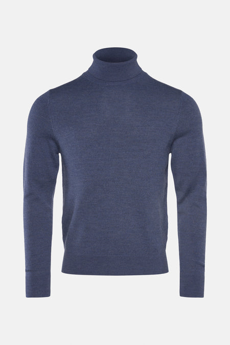 T-shirt bleu avec col montant de Le Fabuleux Marcel de Bruxelles, en un tissu tricoté fin.