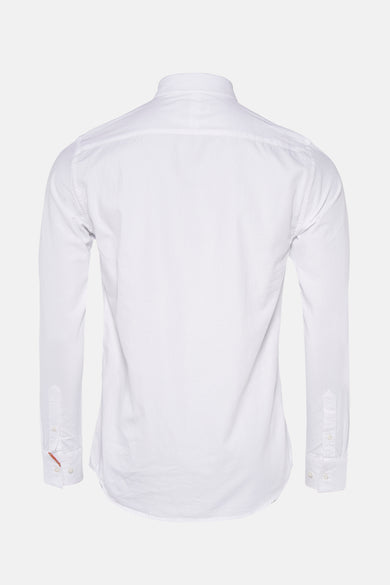 Chemise blanche à manches longues de Le Fabuleux Marcel de Bruxelles, vue de dos, tissu lisse, fermeture par boutons aux manches