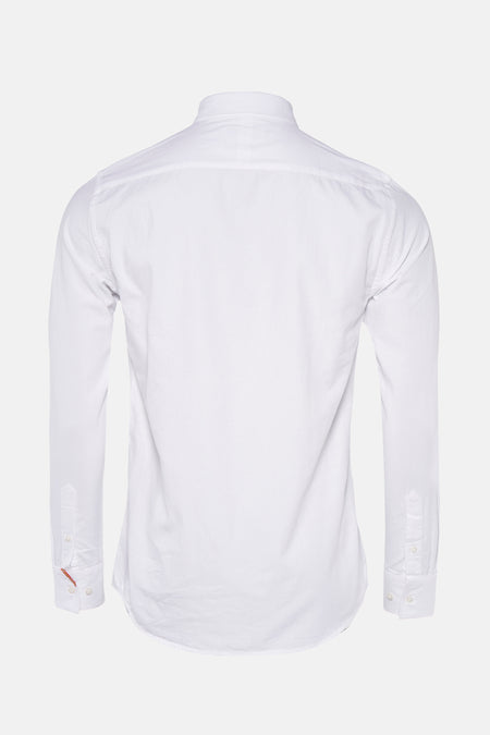 Chemise blanche à manches longues de Le Fabuleux Marcel de Bruxelles, vue de dos, tissu lisse, fermeture par boutons aux manches