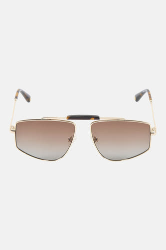 Lunettes de soleil dorées de Le Fabuleux Marcel de Bruxelles avec verres marron, à côté d'un étui en cuir bleu enroulé avec le nom 'MARCEL' estampé à l'intérieur.