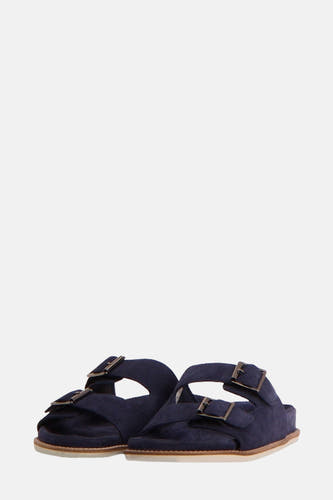 Chaussons bleus de Le Fabuleux Marcel de Bruxelles, avec double sangle et fermeture éclair.
