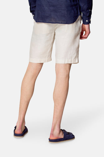 Achterkant van een man met een blauw linnen overhemd en beige linnen shorts, met blauwe suède sandalen.