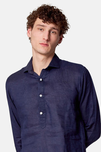Blauw, linnen overhemd met lange mouwen van Le Fabuleux Marcel de Bruxelles, met een knoopsluiting.