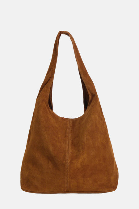 Sac à main brun en cuir de Suède du Le Fabuleux Marcel de Bruxelles, avec une texture douce et une seule bandoulière.