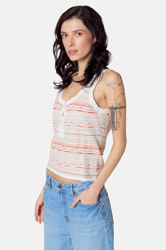 Multicolor tanktop van Le Fabuleux Marcel de Bruxelles met gestreept patroon en mouwloze styling, gedragen met jeans.
