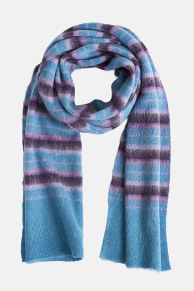 Écharpe d'hiver multicolore de Le Fabuleux Marcel de Bruxelles, avec un motif rayé horizontal en tons bleus et violets.