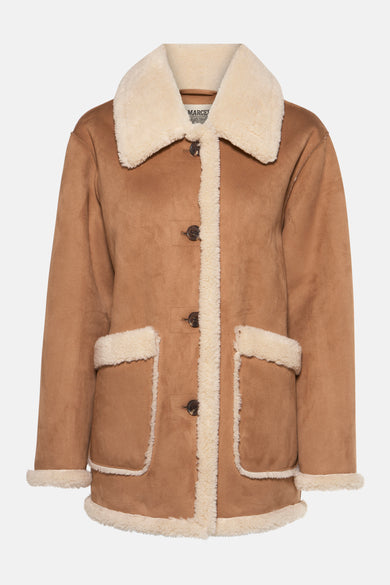 Manteau brun de Le Fabuleux Marcel de Bruxelles, avec col et bordures en fourrure synthétique.