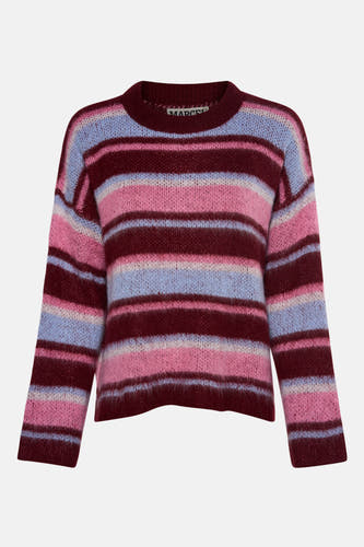 Sweat-shirt multicolore avec col rond de Le Fabuleux Marcel de Bruxelles, avec des rayures horizontales en bordeaux, rose et bleu.