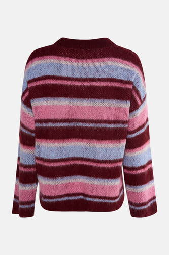 Sweat-shirt multicolore avec col rond de Le Fabuleux Marcel de Bruxelles, avec des rayures horizontales en rouge bordeaux, rose et bleu.
