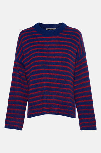 Sweat-shirt multicolore avec col rond de Le Fabuleux Marcel de Bruxelles, avec des rayures horizontales en bleu et rouge.