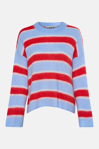 Sweat-shirt multicolore avec col rond de Le Fabuleux Marcel de Bruxelles, avec des rayures horizontales en rouge et bleu.