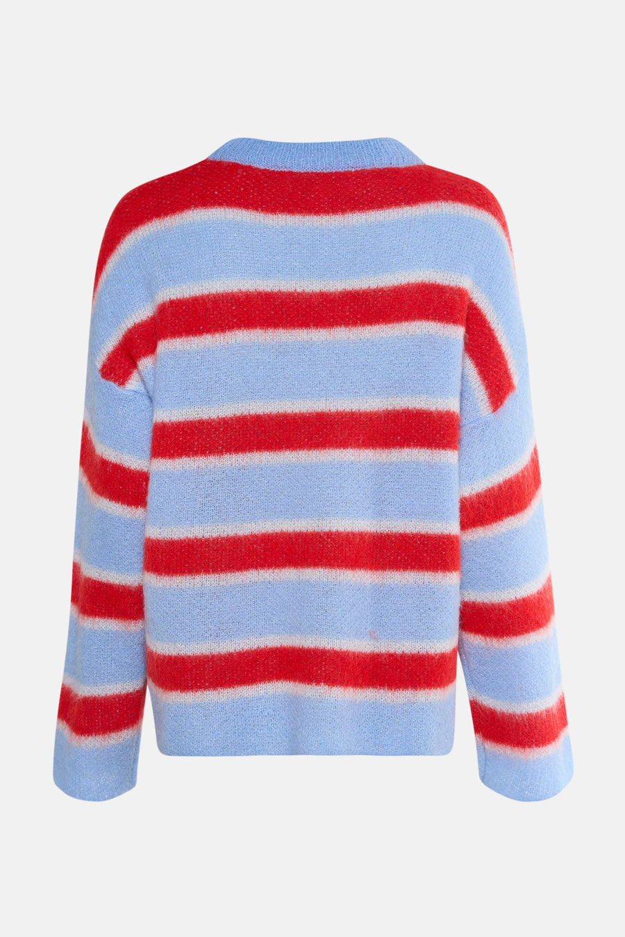 Blauw-rood gestreepte gebreide trui, achterkant.