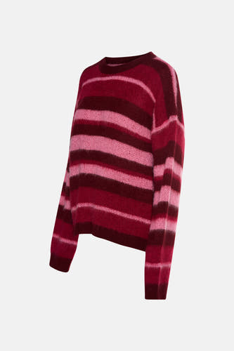 Gilet multicolore de Le Fabuleux Marcel de Bruxelles, avec des rayures horizontales en rose et bordeaux.