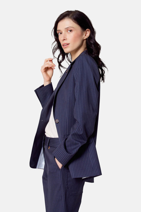Blauw gestreepte blazer van Le Fabuleux Marcel de Bruxelles, met een knoopsluiting en een reverskraag.