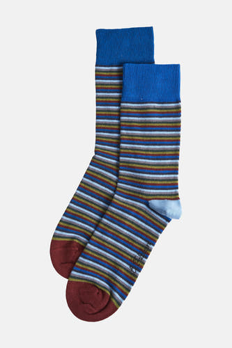 Chaussettes multicolores de Le Fabuleux Marcel de Bruxelles, avec un motif rayé et des orteils et des talons rouges.