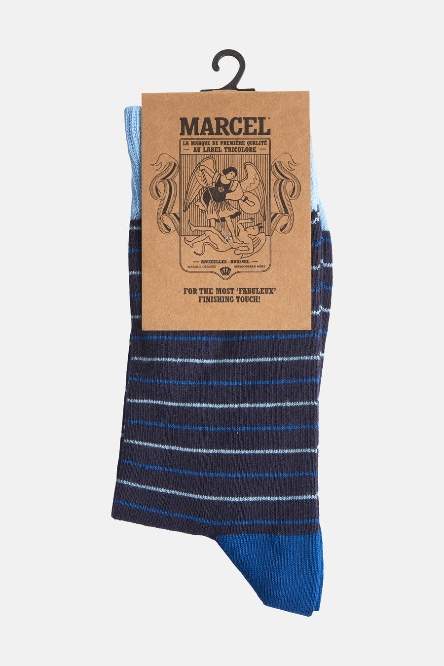 Chaussettes rayées bleues de Le Fabuleux Marcel de Bruxelles, avec un bord et des urs colorés.